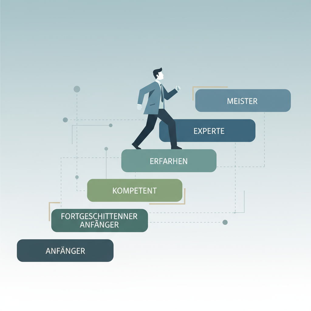 Eine stilisierte Treppe mit sechs Stufen, beschriftet von unten nach oben mit „Anfänger“, „fortgeschrittener Anfänger“, „kompetent“, „erfahren“, „Experte“, „Meister“. Eine Person steigt die Stufen hinauf. Moderner Flat-Design-Business-Look, klare Linien, dezente Farben.