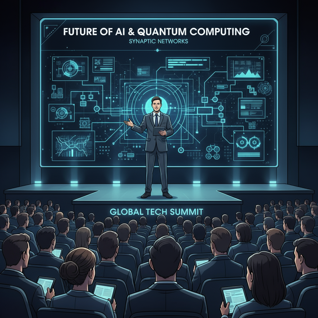 Illustration: eine Person steht auf einer Bühne oder vor einem großen Bildschirm auf einer Fachkonferenz, präsentiert komplexe Inhalte, erhält Aufmerksamkeit des Publikums. Atmosphäre von hoher Expertise und Anerkennung. Klarer, moderner Business-Illustrationsstil.