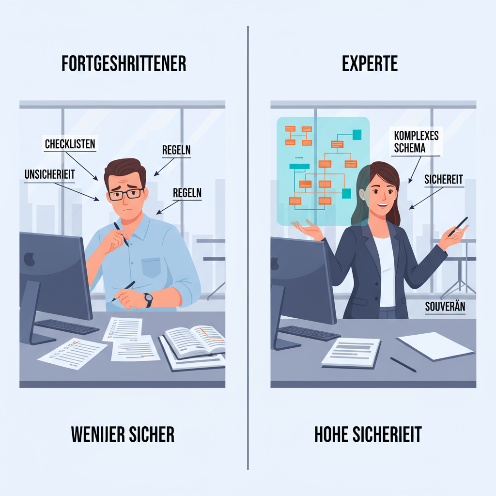 Split-Screen-Illustration: links ein „fortgeschrittener“ Mitarbeiter, der mit Checklisten und Regeln arbeitet, rechts ein „Experte“, der souverän ein komplexes Schema erklärt. Gleiche Umgebung, aber unterschiedlicher Grad an Sicherheit und Übersicht. Moderner, klarer Stil.