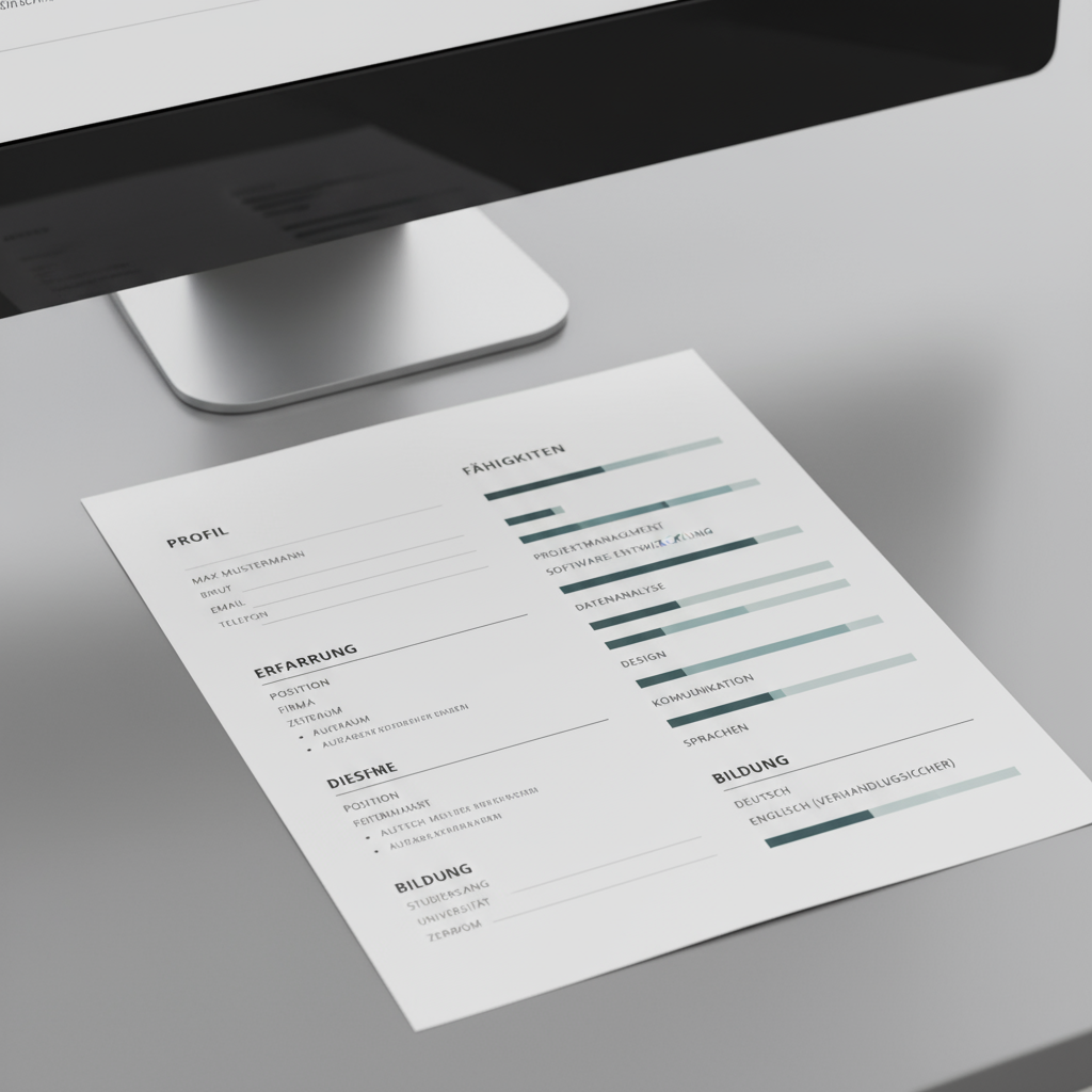 Nahaufnahme eines modernen Lebenslaufs auf einem Tisch oder Bildschirm, mit übersichtlicher Skill-Matrix: Balkendiagramme oder Stufen für verschiedene Kompetenzen. Keine echten Namen lesbar, nur Platzhalter. Minimalistisches, professionelles Design.