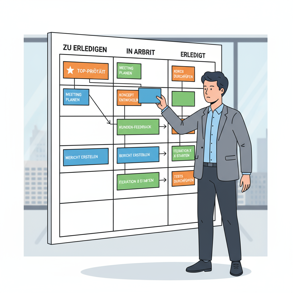 Business-Illustration: eine Person steht vor einem Taskboard oder Kanban-Board mit Karten, sortiert Aufgaben und setzt Prioritäten. Ausdruck entschlossen und fokussiert. Moderner Projektmanagement-Look, klare Struktur, professionelle Atmosphäre.