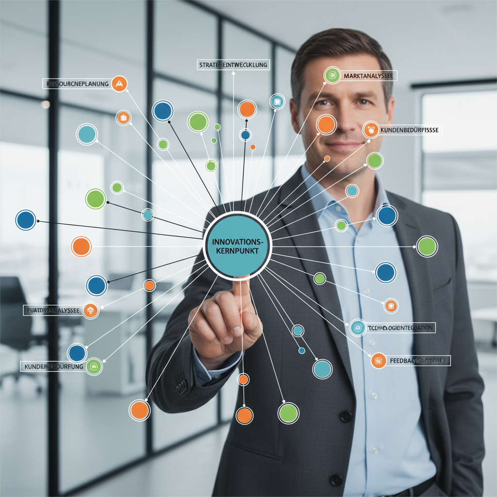 Illustration: eine erfahren wirkende Person steht vor einer komplexen, aber übersichtlichen Prozessgrafik oder Landkarte mit vielen Verbindungen und Pfeilen. Sie zeigt auf den Kernpunkt. Ruhiger Gesichtsausdruck, Vertrauen und Routine. Flat-Design, Business-Kontext.