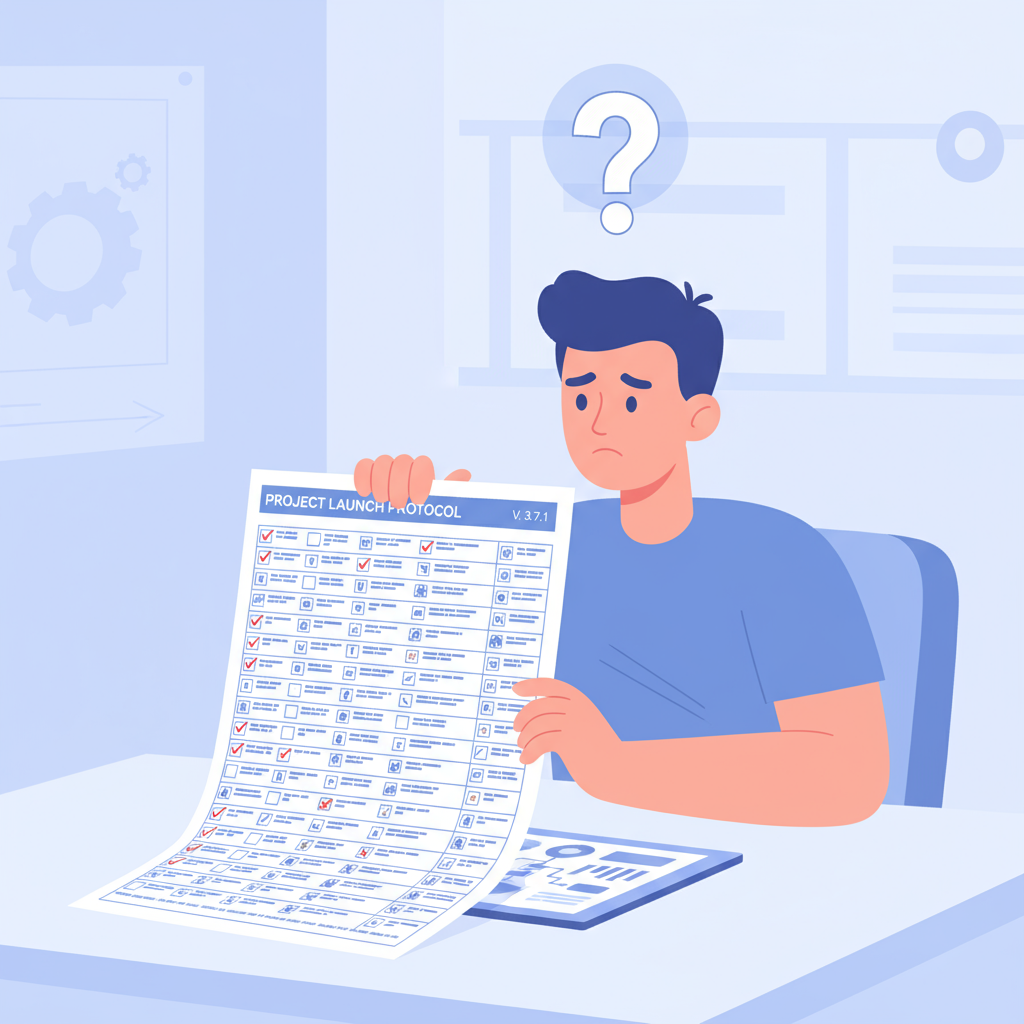 Illustration: eine junge Person sitzt am Schreibtisch, schaut fragend auf eine detaillierte Checkliste oder Schritt-für-Schritt-Anleitung. Über ihr ein Fragezeichen. Umgebung: Büro oder Lernumgebung. Helles, freundliches Flat-Design, Fokus auf Unsicherheit und Regelabhängigkeit.