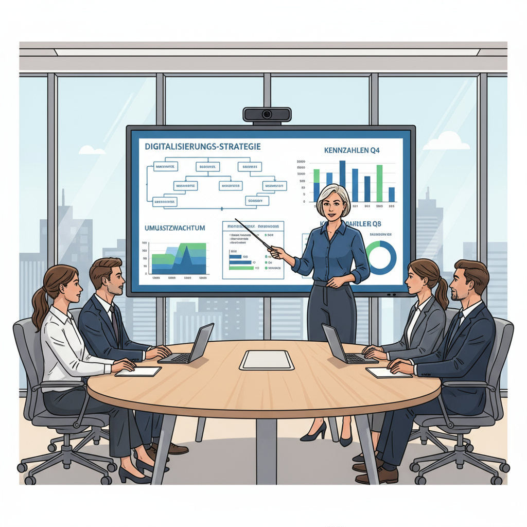 Szene: ein Experte erklärt einem kleinen Team etwas an einem digitalen Whiteboard mit schematischen Diagrammen und Daten. Die anderen hören aufmerksam zu. Der Experte wirkt souverän, klar und fokussiert. Moderner Meetingraum, professioneller Illustrationsstil.