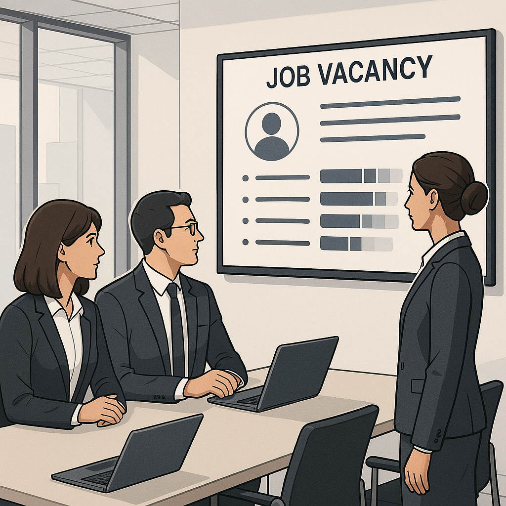 Illustration: zwei bis drei HR-Mitarbeitende schauen gemeinsam auf einen großen Bildschirm mit einer Stellenausschreibung, in der Kompetenzstufen grafisch markiert sind. Meetingraum, Business-Stil, Fokus auf strukturierte Anforderung von Kompetenzen.