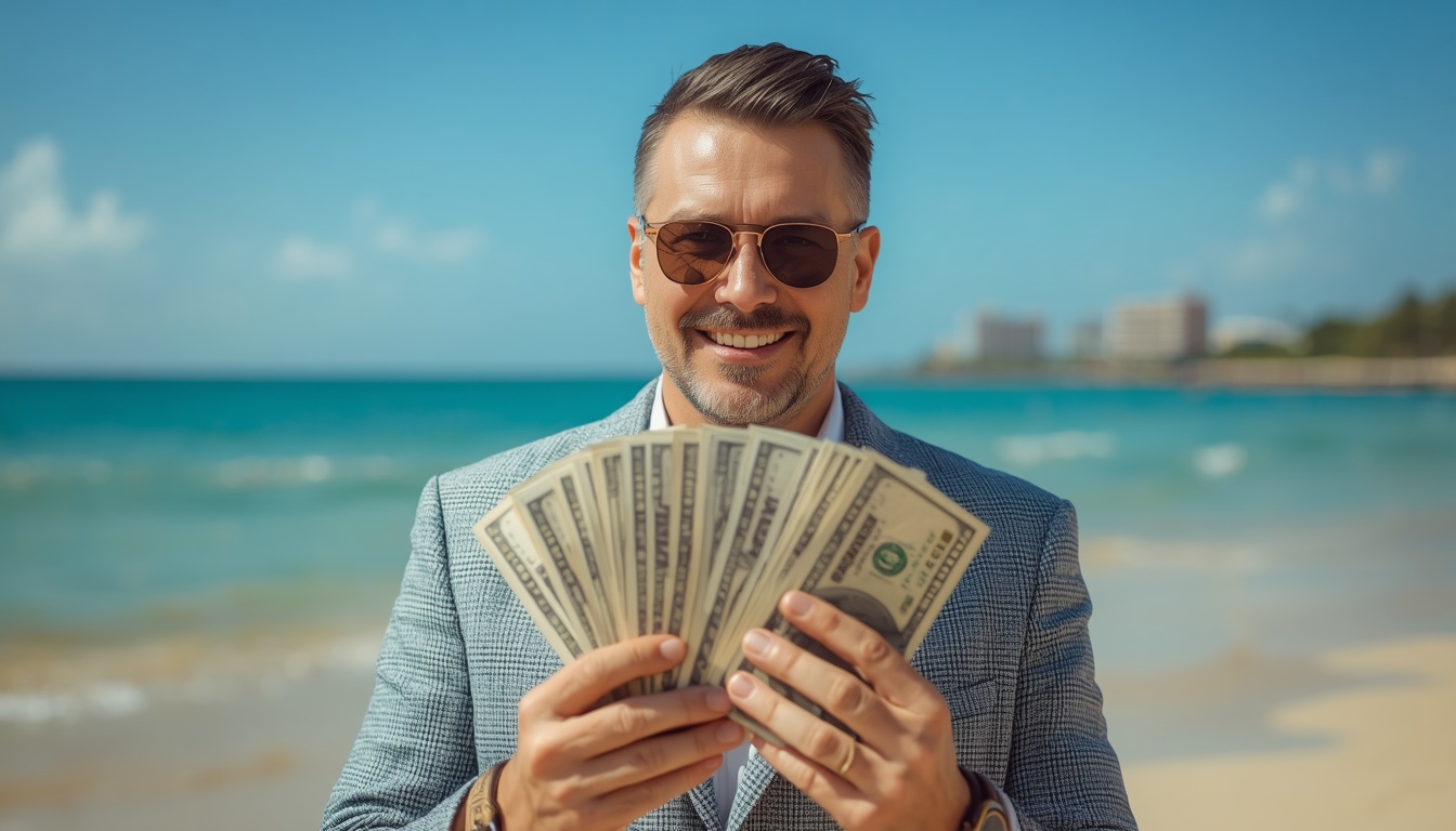 lucid-origin_Create_a_picture_of_a_rich_man_with_money._Use_for_the_background_a_beach.-0.jpg