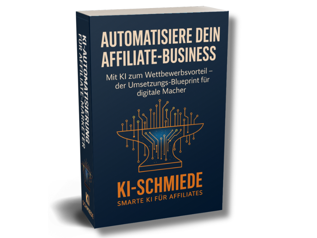 Darstellung eines digitalen Produkts: Ein Tablet, ein Smartphone und ein Buch zeigen das Cover eines Guides für erfolgreiches Affiliate-Marketing. Auf dem Cover ist ein Laptop und ein Netzwerk von Icons, die Menschen symbolisieren, zu sehen, mit dem Titel 'Der ultimative Anfänger-Guide für erfolgreiches Affiliate-Marketing'