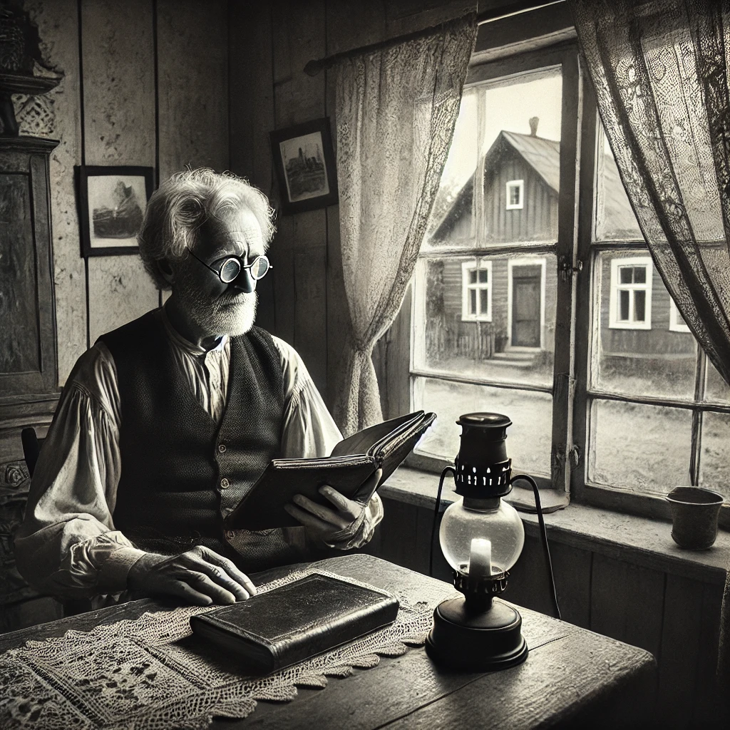 DALL·E 2025-01-05 11.11.45 - A historical black-and-white photograph of an elderly man sitting by a wooden table, holding an old leather-bound diary. The room is simple with vinta.webp