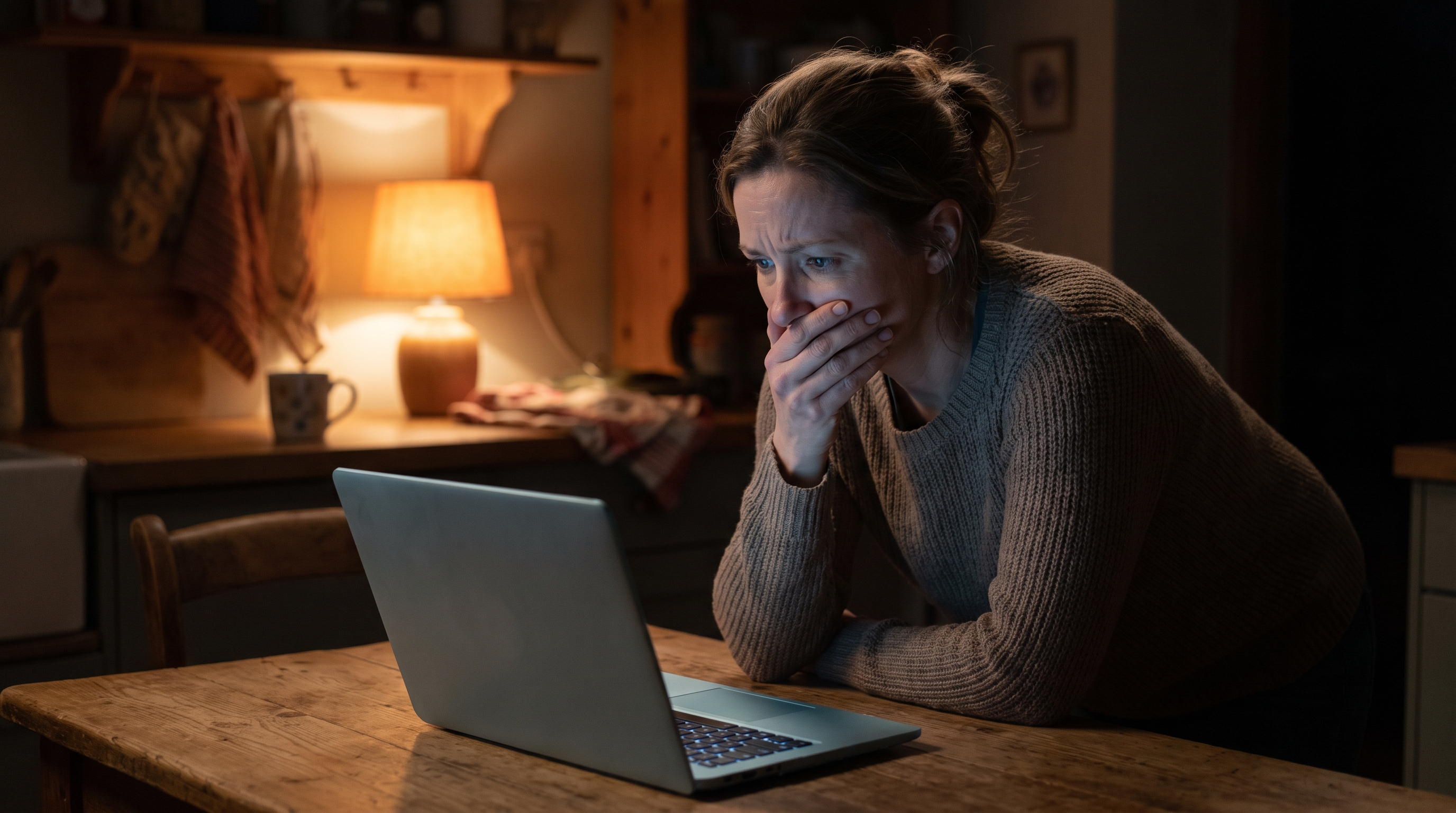 Frau liest abends am Küchentisch am Laptop über Nebenwirkungen und wirkt beunruhigt