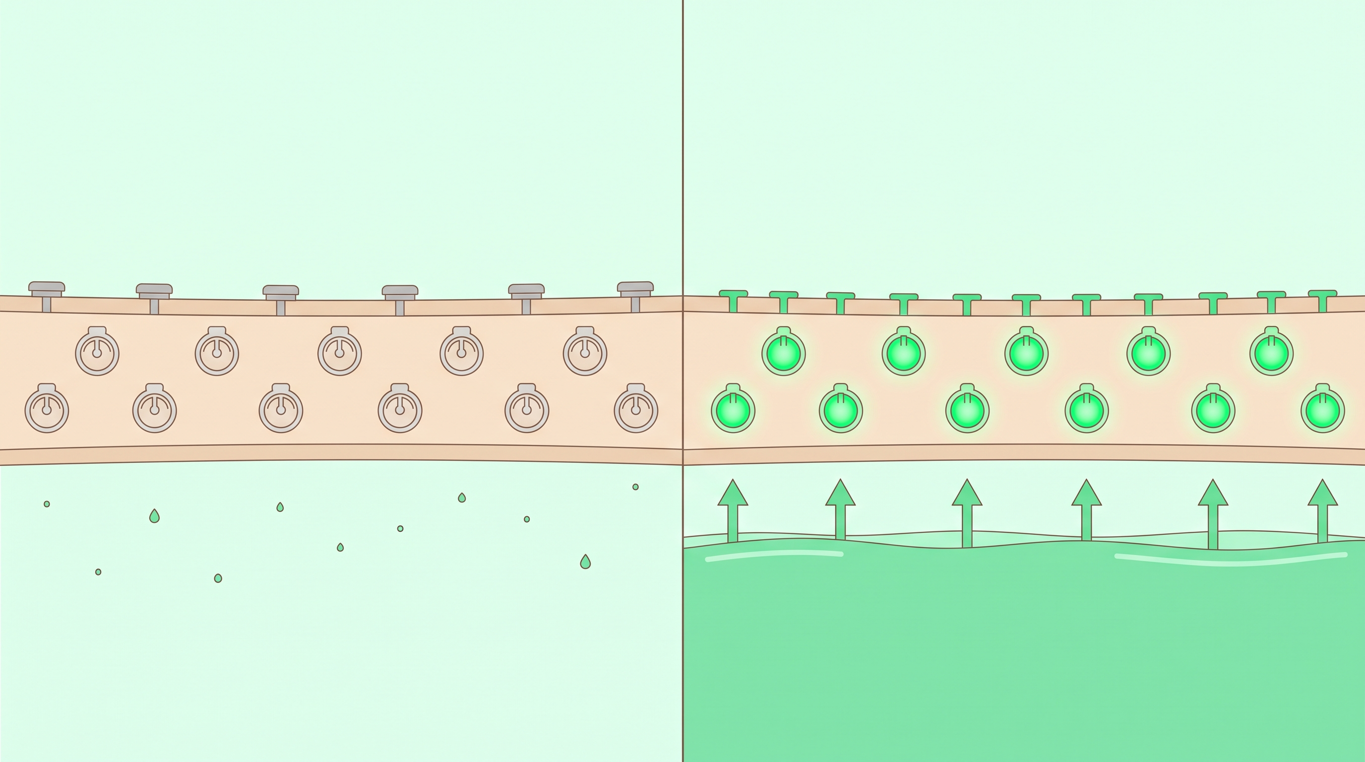 Grafik: Säurepumpen in der Magenwand, links unter der Tablette blockiert, rechts nach dem Absetzen alle offen mit deutlich mehr Magensäure