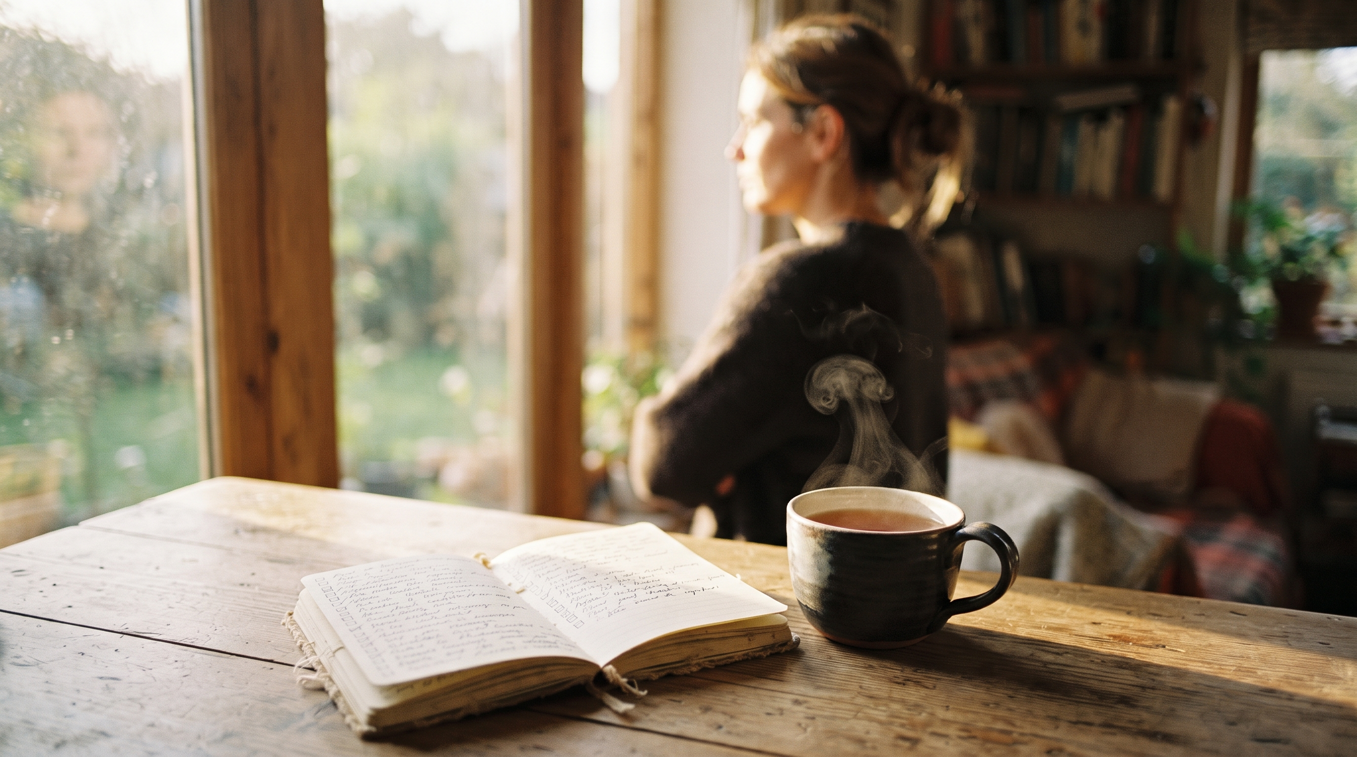 Aufgeschlagenes Notizheft mit handschriftlichen Einträgen und eine dampfende Tasse Tee am Morgenfenster