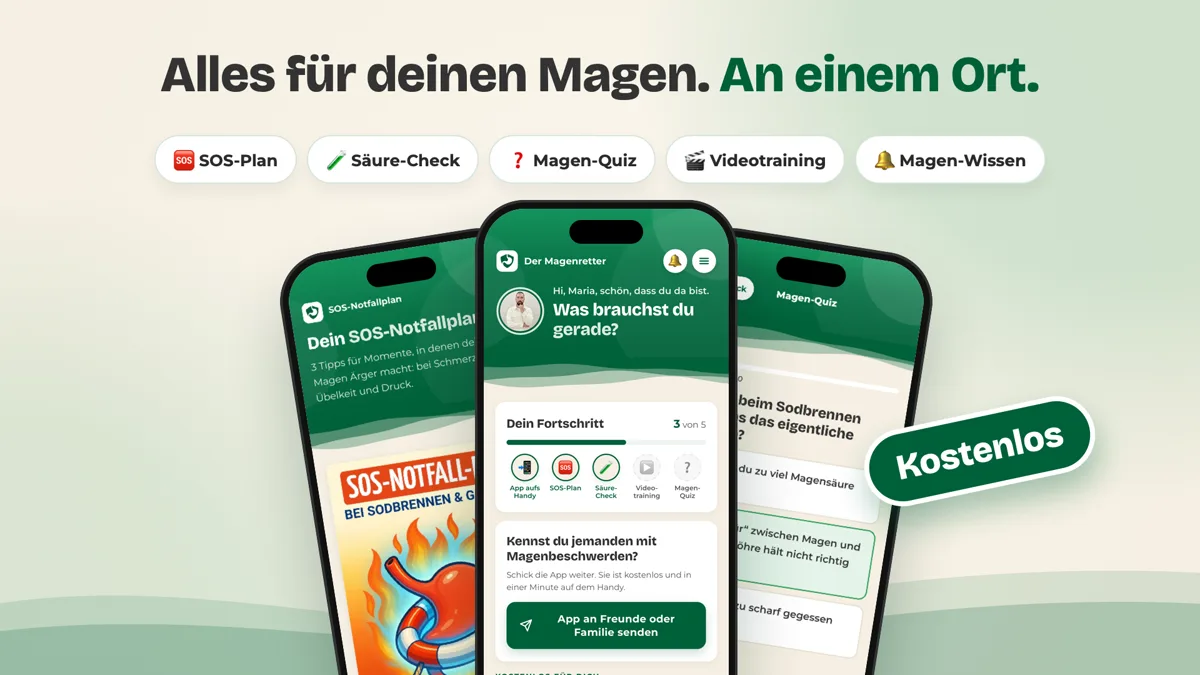Die kostenlose Magenretter-App: SOS-Notfallplan, Säure-Check, Magen-Quiz, Videotraining und Magen-Wissen an einem Ort