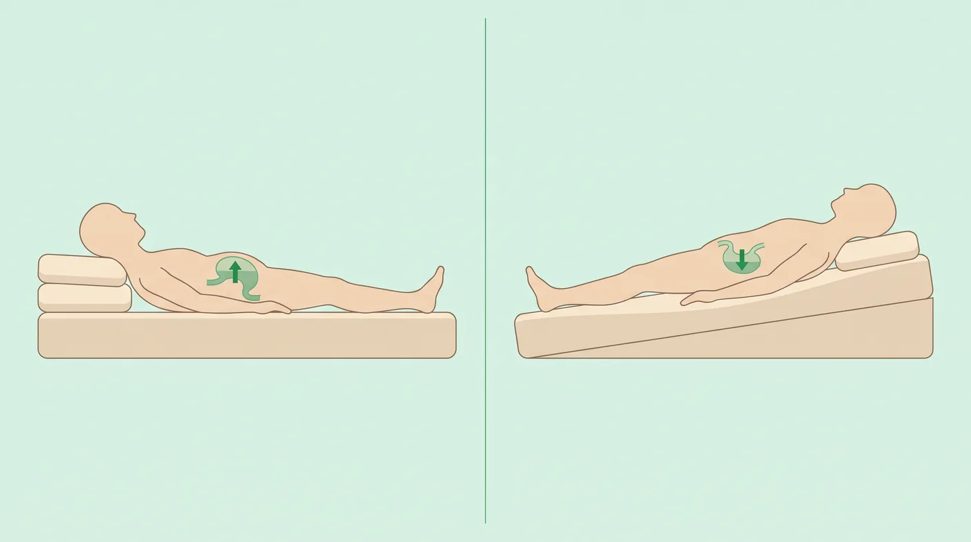 Grafik: links knicken zwei Kissen unter dem Kopf den Hals ab und erhöhen den Druck im Bauch, rechts hebt eine durchgehende Schräge ab der Hüfte den ganzen Oberkörper an