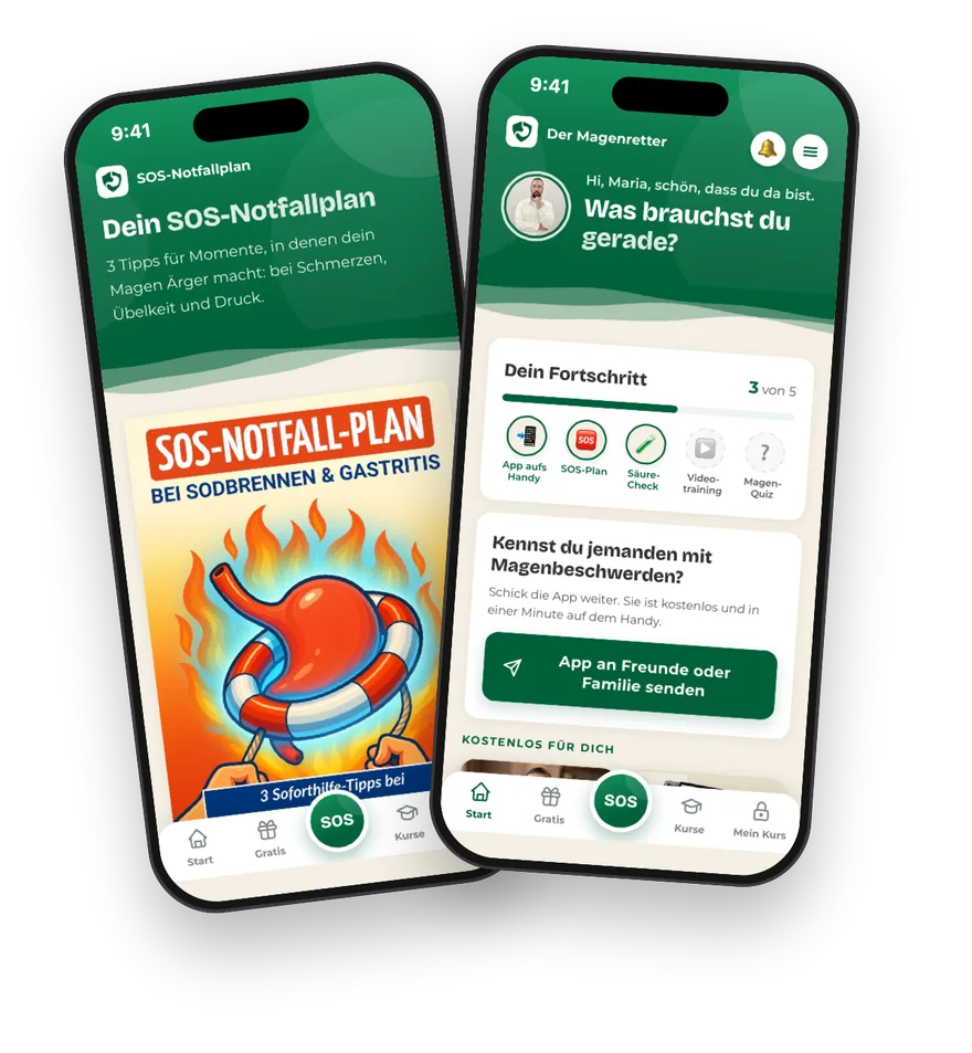 Die kostenlose Magenretter-App auf dem iPhone: Startseite und SOS-Notfallplan