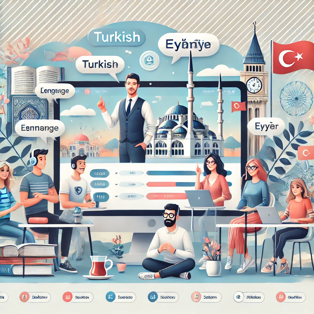 DALL·E 2024-08-17 16.15.12 - A clean and modern sales page image for a Turkish language course. The scene includes a Turkish instructor teaching a diverse group of students online.webp