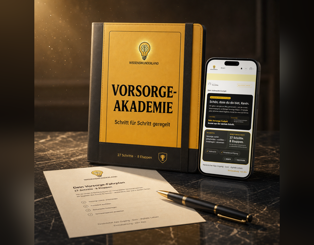 Vorsorge-Akademie im gelb-schwarzen Renten-Rechner-Look mit Akademie-Ordner, Smartphone und Vorsorge-Fahrplan