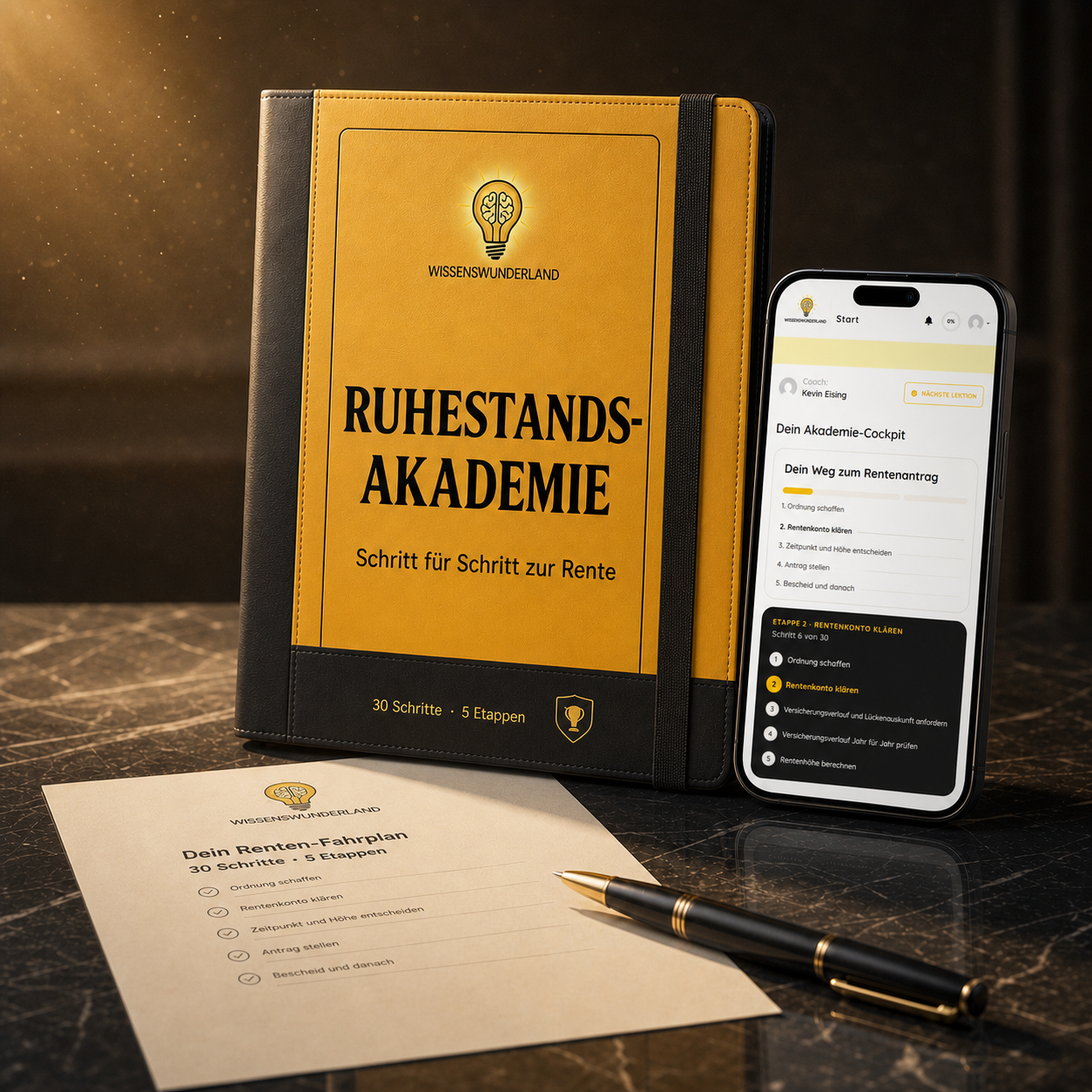 Edles Produktmotiv der Ruhestands-Akademie mit Akademie-Ordner, Renten-Cockpit und persönlichem Renten-Fahrplan