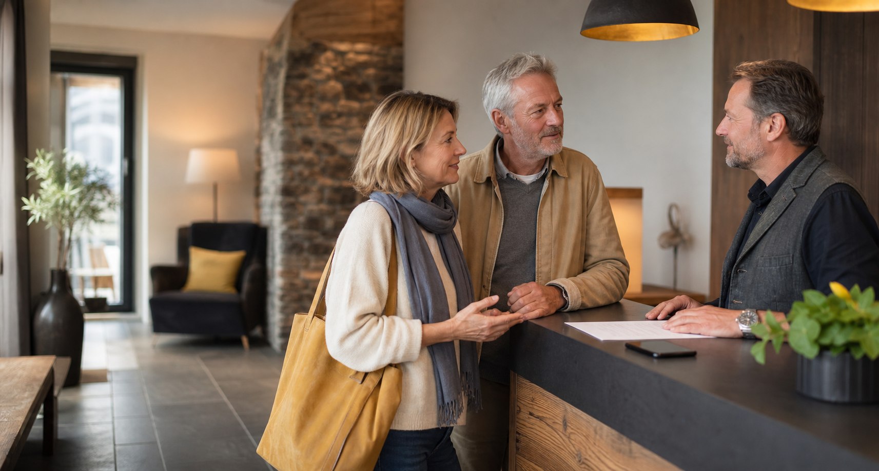 Reisende sprechen freundlich mit einem Hotelmitarbeiter über eine Direktbuchung