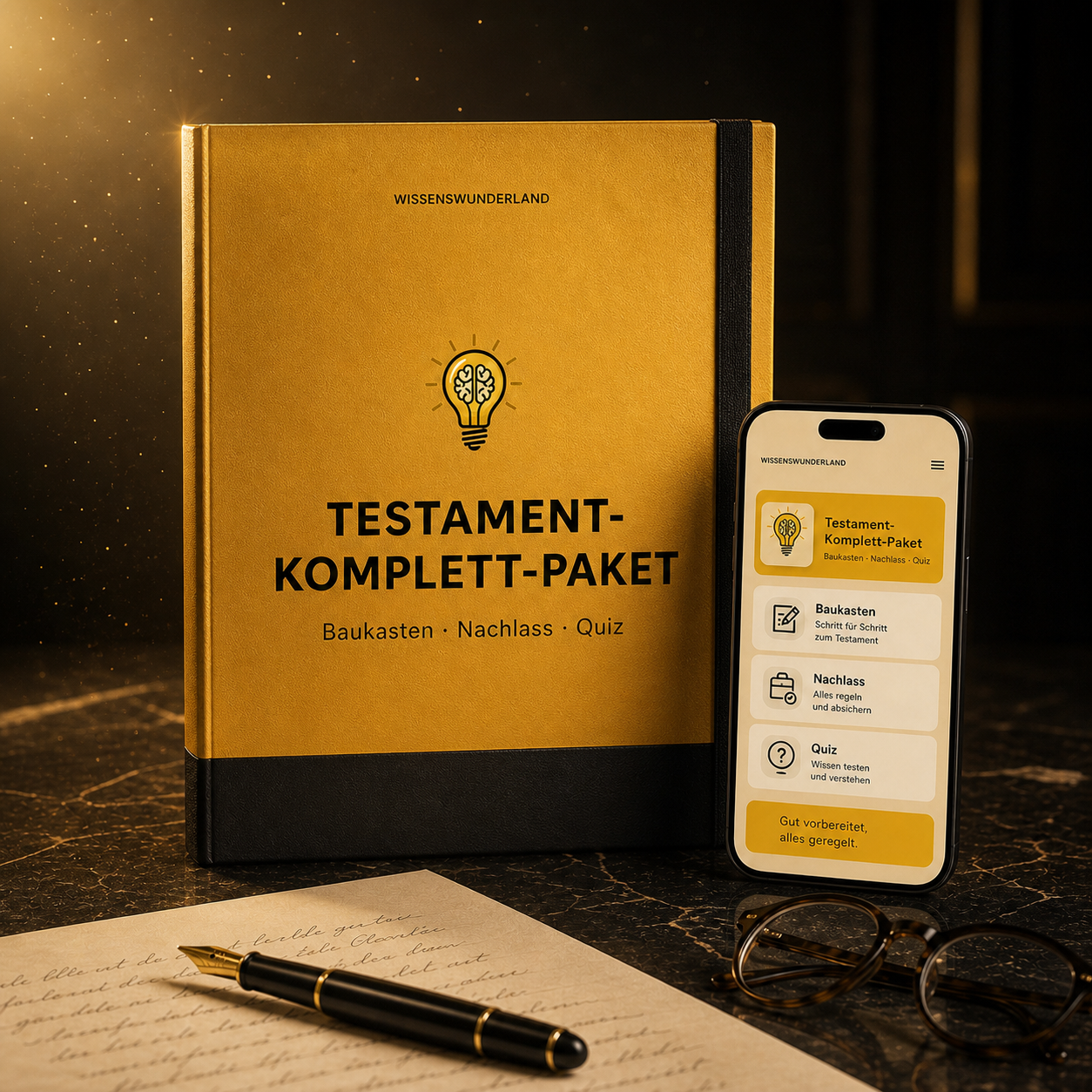 Goldglänzendes Testament-Komplett-Paket als hochwertige Mappe mit App auf dem Smartphone
