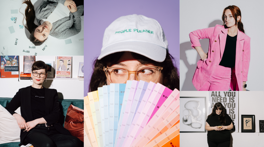 Collage einer Künstlerin in Aktion und in professioneller Kleidung, lächelt in die Kamera und malt sorgfältig an einem Gemälde