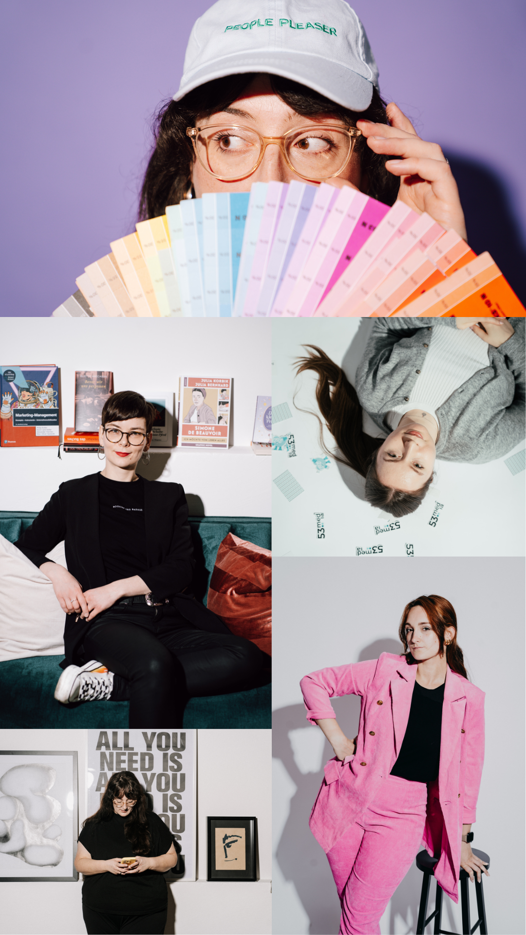 Collage einer lebensfrohen Geschäftsfrau in verschiedenen Posen: strahlendes Lächeln im Sitzen, kraftvolles Stehen und inspirierter Blick in die Ferne, gekleidet in Business-Outfits, die ihre dynamische Persönlichkeit und Professionalität unterstreichen.