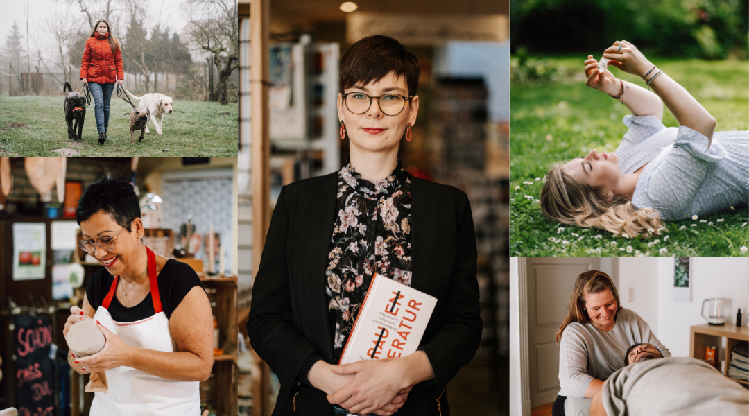 Porträt-Collage einer Unternehmerin mit einem freundlichen Lächeln, gekleidet in einem eleganten weißen Blazer, genießt eine entspannte Kaffeepause in einem grünen Strickpullover und zeigt ein selbstbewusstes Lächeln in die Kamera.