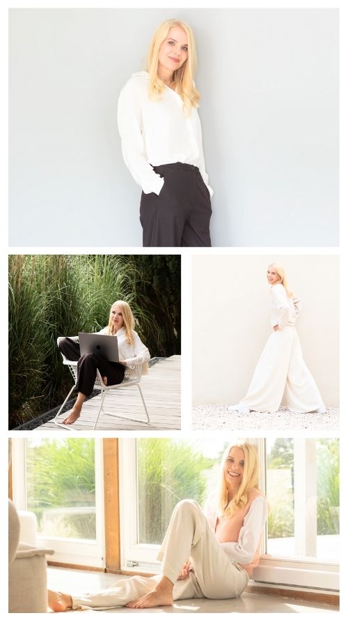 Porträt-Collage einer Unternehmerin mit einem freundlichen Lächeln, gekleidet in einem eleganten weißen Blazer, genießt eine entspannte Kaffeepause in einem grünen Strickpullover und zeigt ein selbstbewusstes Lächeln in die Kamera.