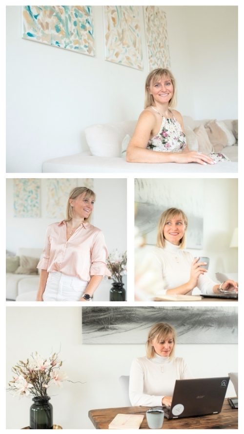 Collage einer lebensfrohen Geschäftsfrau in verschiedenen Posen: strahlendes Lächeln im Sitzen, kraftvolles Stehen und inspirierter Blick in die Ferne, gekleidet in Business-Outfits, die ihre dynamische Persönlichkeit und Professionalität unterstreichen.