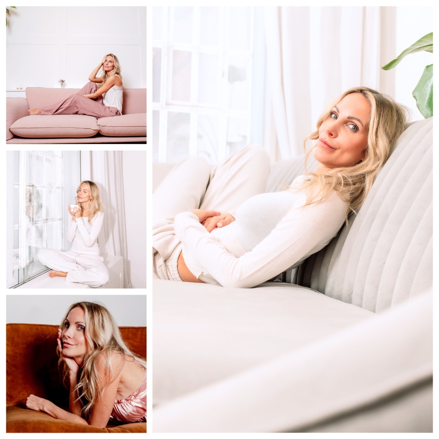Collage einer professionellen Frau mit langen dunklen Haaren, posiert in einem pinken Blazer, lässigen grauen Outfits und entspannt auf dem Boden sitzend, strahlt Gelassenheit und Stilbewusstsein aus.