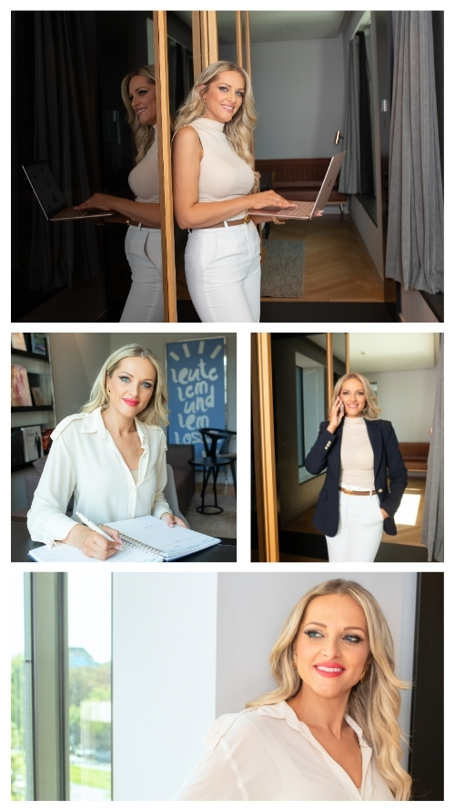 Collage einer lebensfrohen Geschäftsfrau in verschiedenen Posen: strahlendes Lächeln im Sitzen, kraftvolles Stehen und inspirierter Blick in die Ferne, gekleidet in Business-Outfits, die ihre dynamische Persönlichkeit und Professionalität unterstreichen.