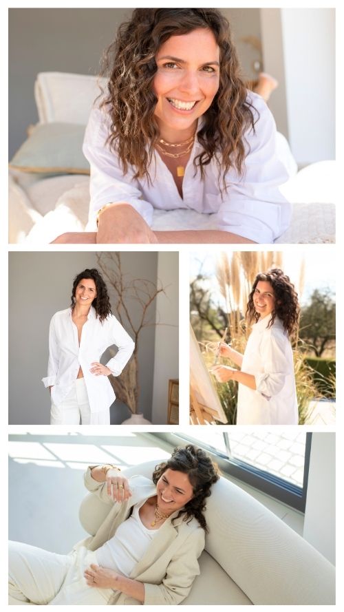 Collage einer lebensfrohen Geschäftsfrau in verschiedenen Posen: strahlendes Lächeln im Sitzen, kraftvolles Stehen und inspirierter Blick in die Ferne, gekleidet in Business-Outfits, die ihre dynamische Persönlichkeit und Professionalität unterstreichen.