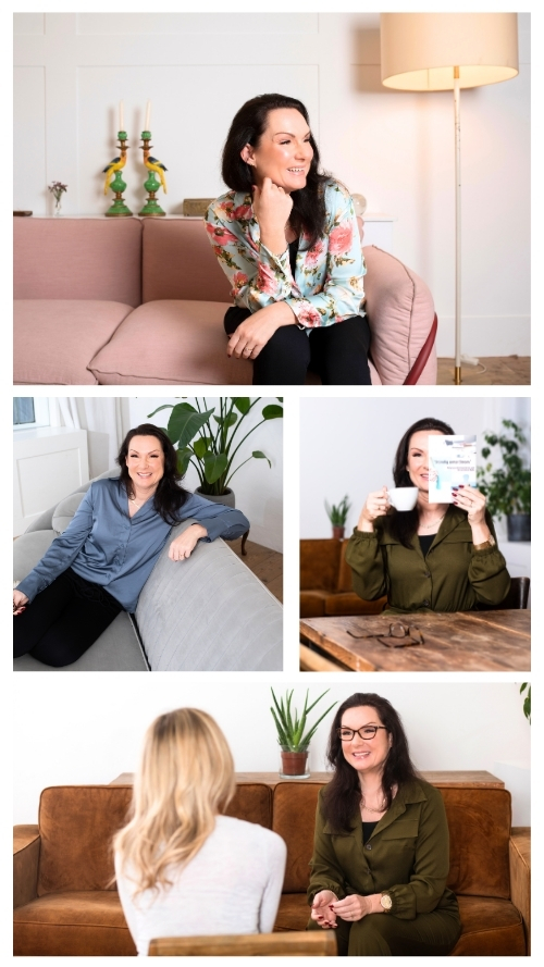 Porträt-Collage einer Unternehmerin mit einem freundlichen Lächeln, gekleidet in einem eleganten weißen Blazer, genießt eine entspannte Kaffeepause in einem grünen Strickpullover und zeigt ein selbstbewusstes Lächeln in die Kamera.