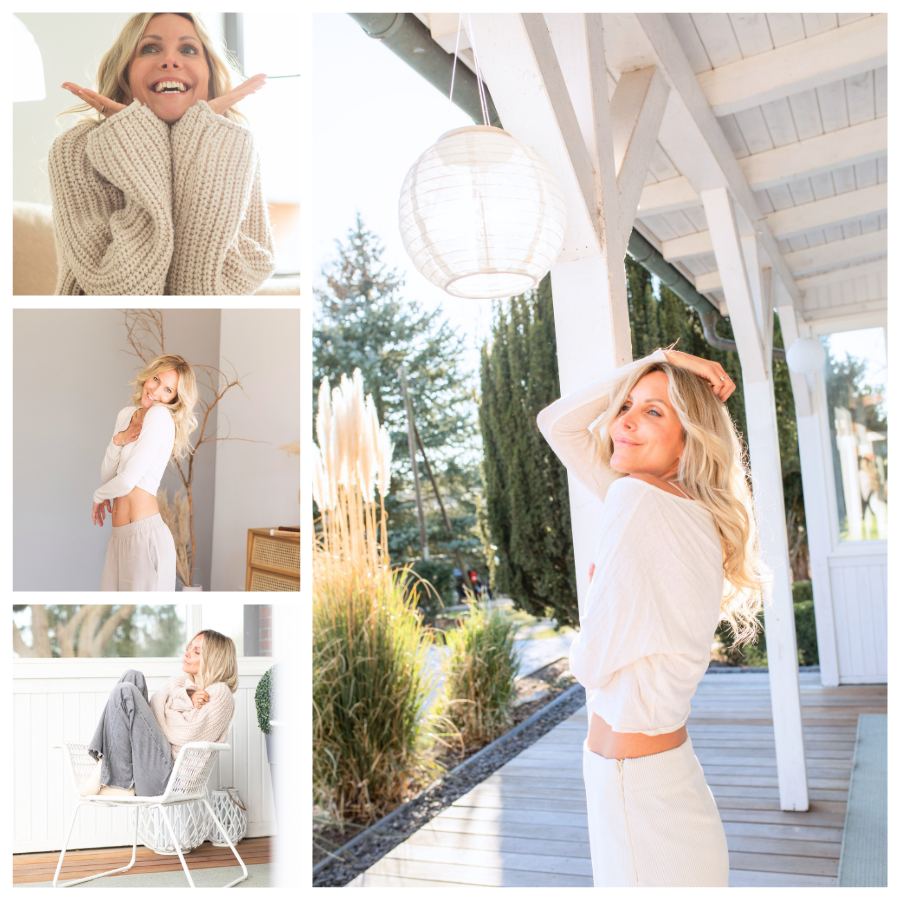 Collage einer professionellen Frau mit langen dunklen Haaren, posiert in einem pinken Blazer, lässigen grauen Outfits und entspannt auf dem Boden sitzend, strahlt Gelassenheit und Stilbewusstsein aus.