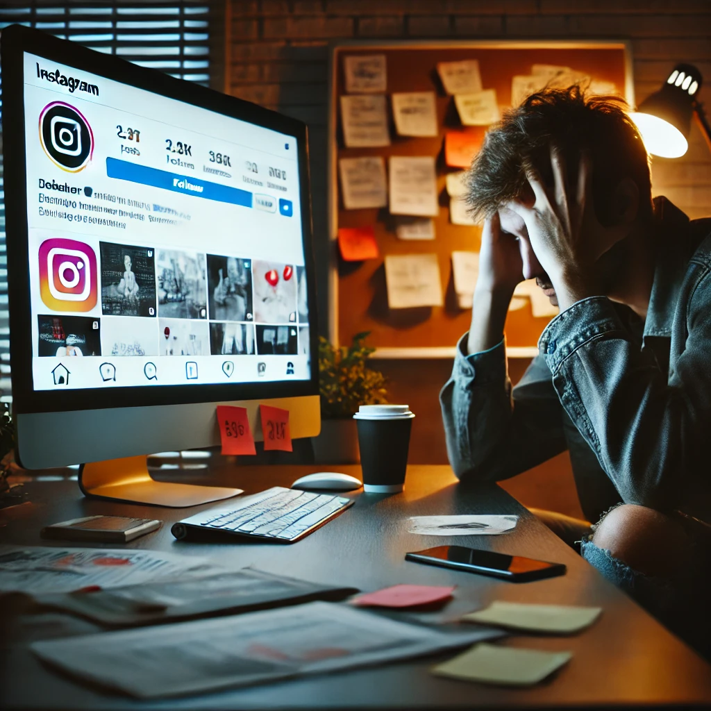 DALL·E 2025-02-27 15.56.23 - A digital marketer sitting frustrated in front of a computer screen showing an Instagram page with low engagement (few likes and comments). The person.webp