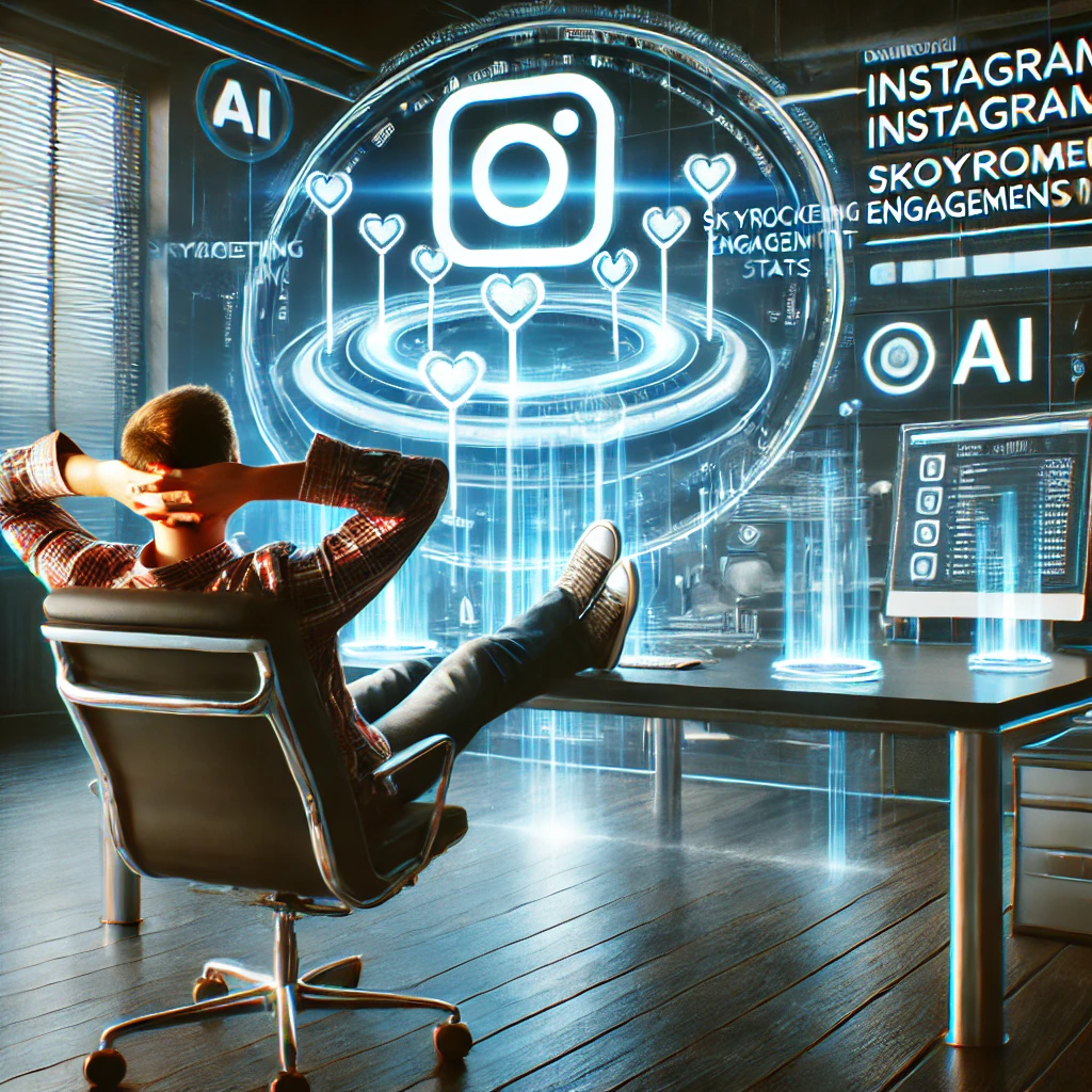 DALL·E 2025-02-27 16.00.09 - A futuristic workspace with a holographic Instagram dashboard displaying skyrocketing engagement stats. The environment is sleek and modern, with a pe.webp