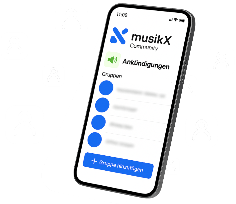 Smartphone mit geöffneter musikX Community und Emoji-Grafik als Darstellung der Community