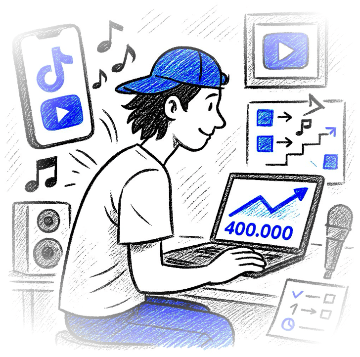 Skizze von Musiker am Laptop bei Marketingaktivitäten