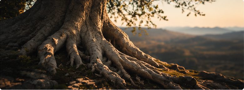 Wurzeln eines Baumes im Abendlicht