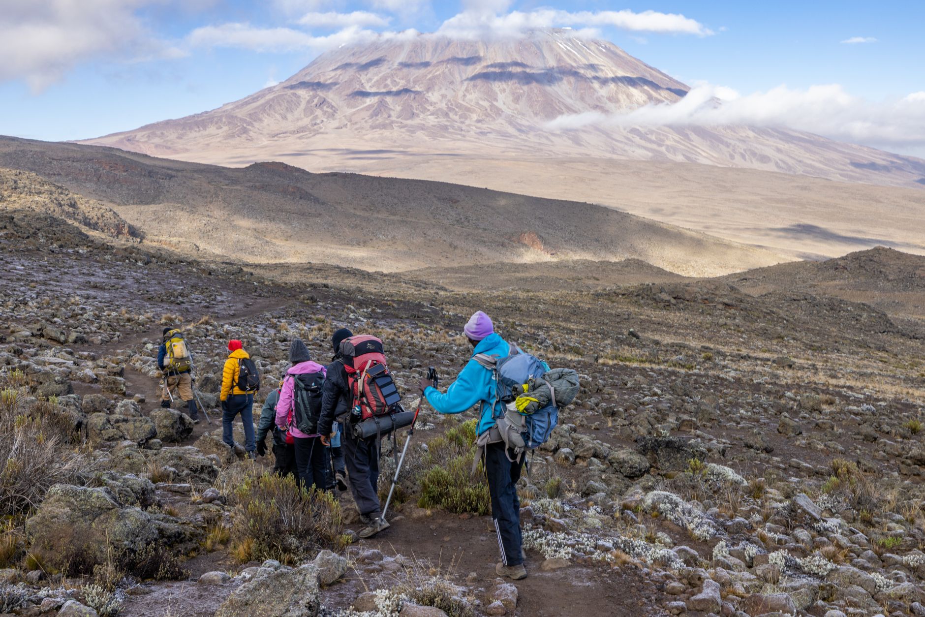 Trekking-Gruppe auf dem Pfad am Kilimandscharo mit Blick auf die Berglandschaft