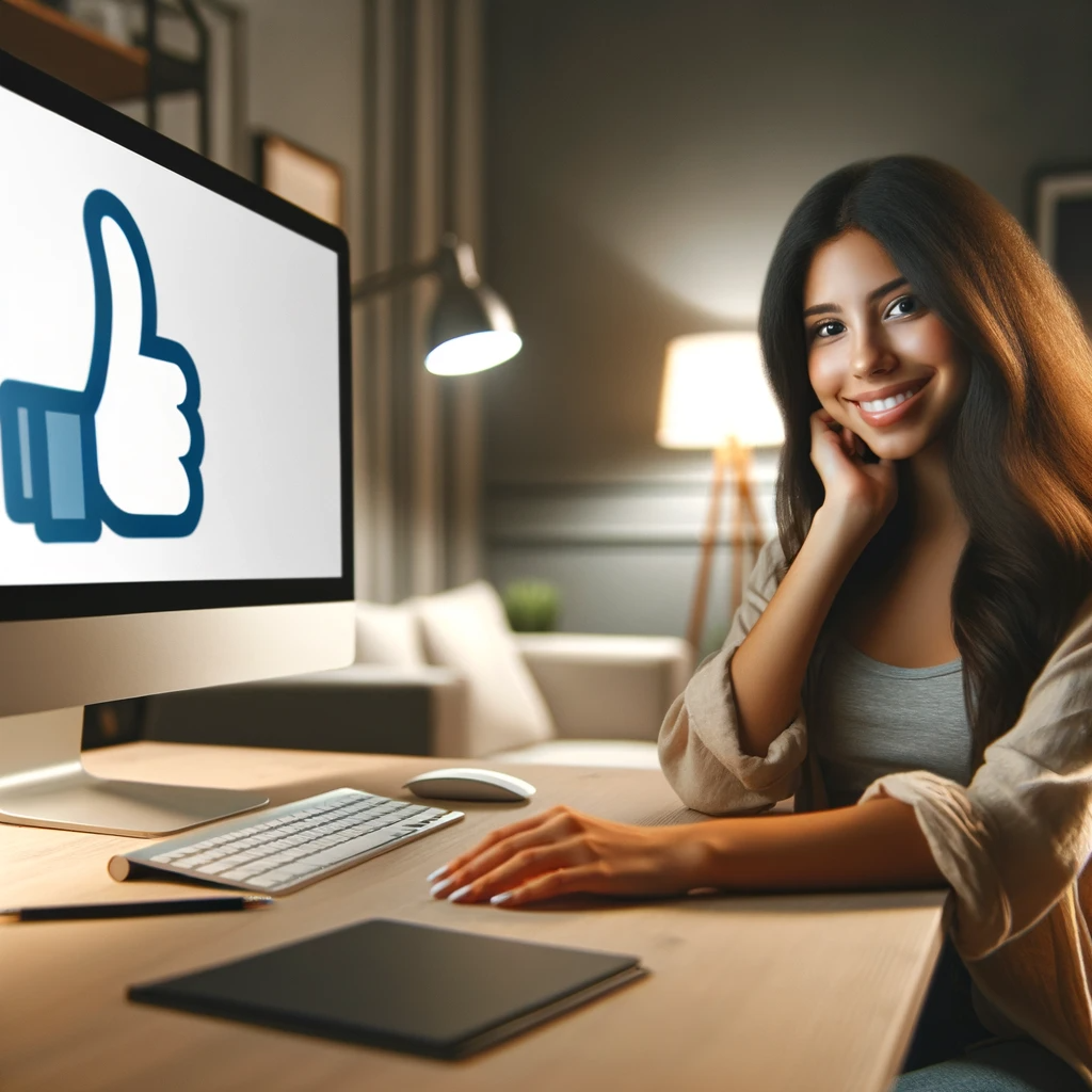 DALL·E 2023-12-11 18.50.40 - A young woman of Hispanic descent sitting at a desk in front of a computer screen. The screen displays a prominent 'thumbs up' symbol, symbolizing app.png