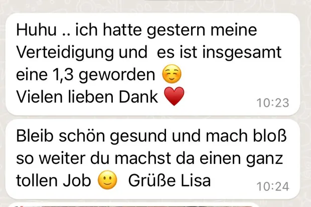 Nachricht einer Mentee nach ihrer Verteidigung