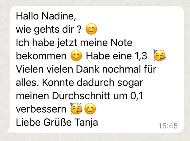Nachricht einer Mentee: Note 1,3, Durchschnitt um 0,1 verbessert