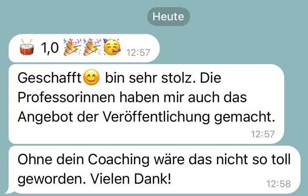 Nachricht einer Mentee: 1,0 und Angebot zur Veröffentlichung