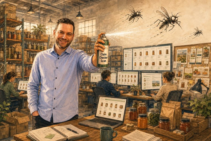 Hanns-Martin sprüht schützend Claim Checker Scan, während im Hintergrund ein Team an Bildschirmen arbeitet und die Moskitos abdrehen