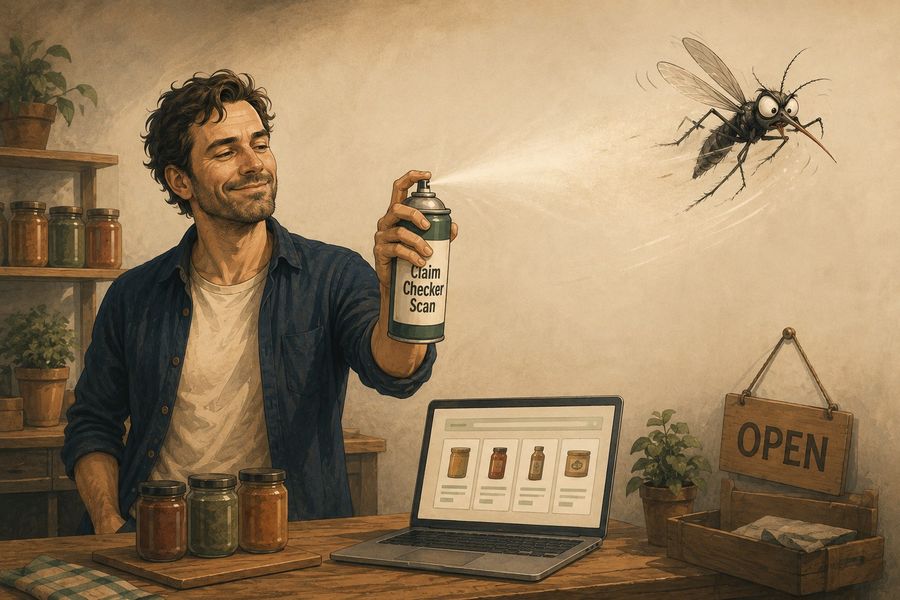 Kleiner Food-Brand-Shop, Gründer sprüht Claim Checker Scan, ein Moskito zieht sich zurück