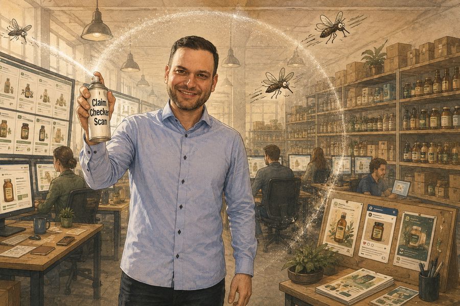 Hanns-Martin sprüht schützend Claim Checker Scan, während im
Hintergrund ein Team an Bildschirmen arbeitet und die Moskitos abdrehen