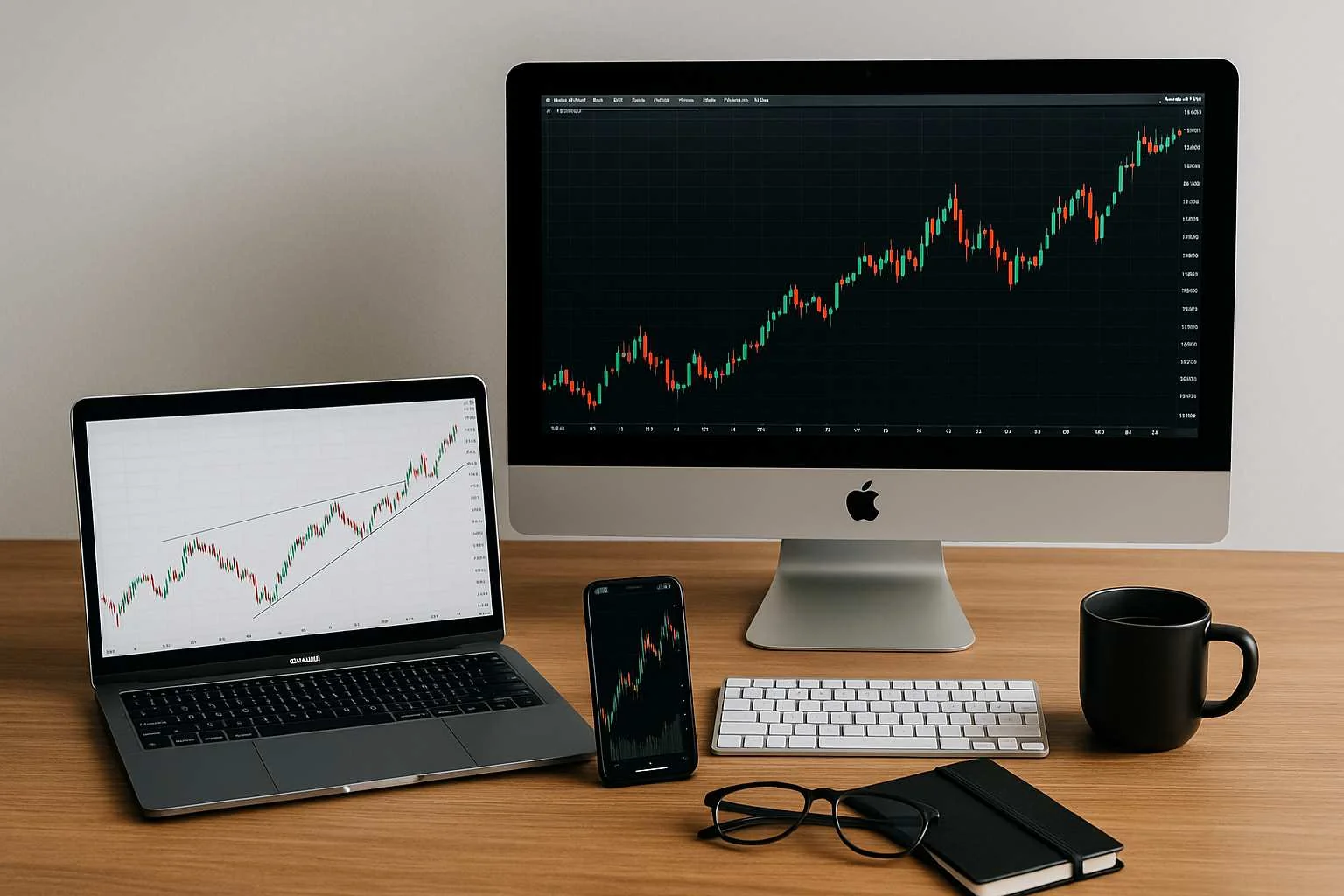 Trading-Setup mit Charts auf Laptop und Bildschirm