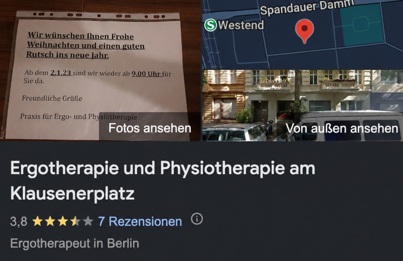 Google-Unternehmensprofil vor der Löschung: 3,8 Sterne bei 7 Rezensionen