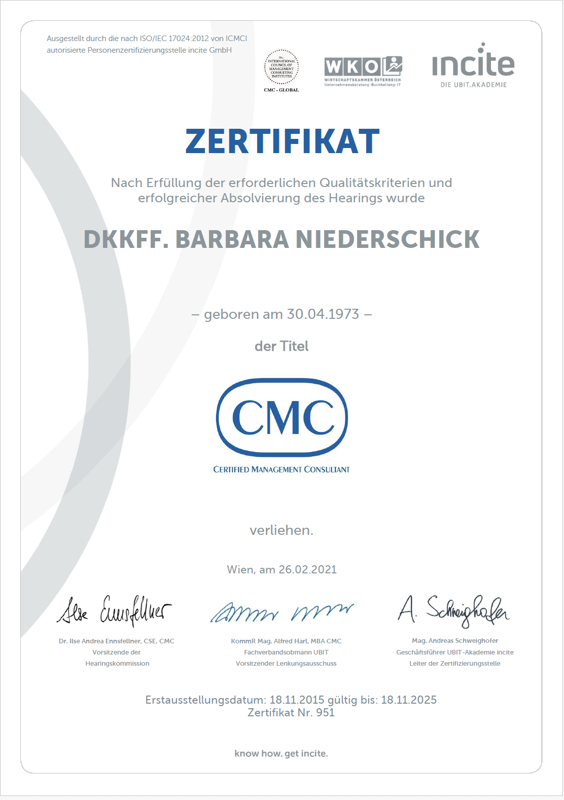 CMC Zertifikat Certified Management Consultant Barbara Niederschick