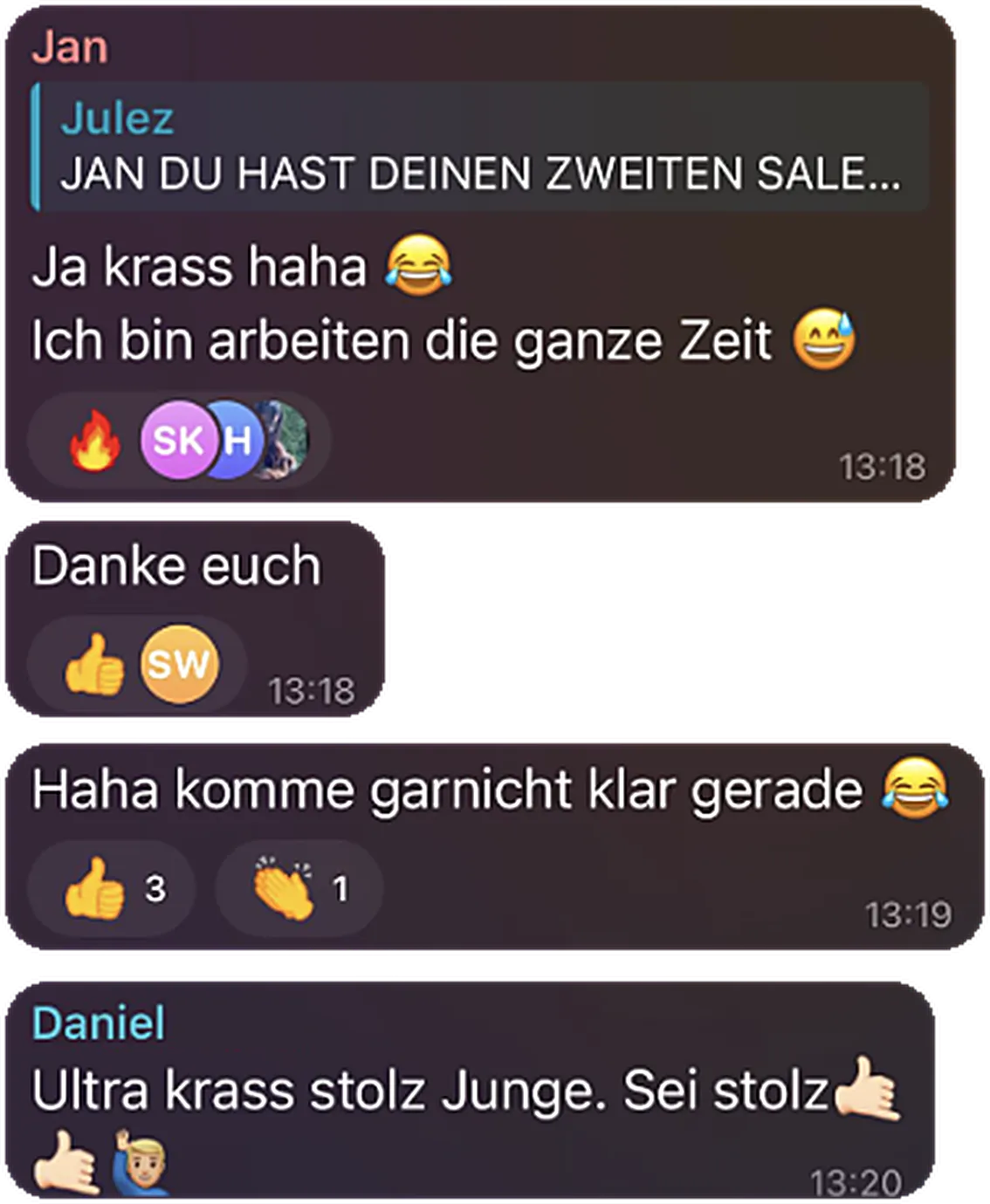 Chatverlauf: Jan berichtet von seinem zweiten Sale, während er arbeitet